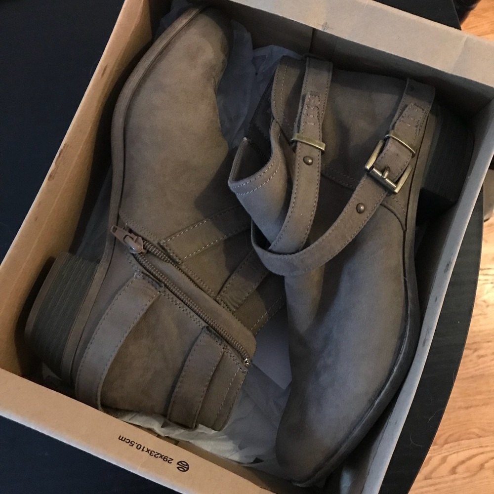 Tan faux suede ankle boots (New in Box)